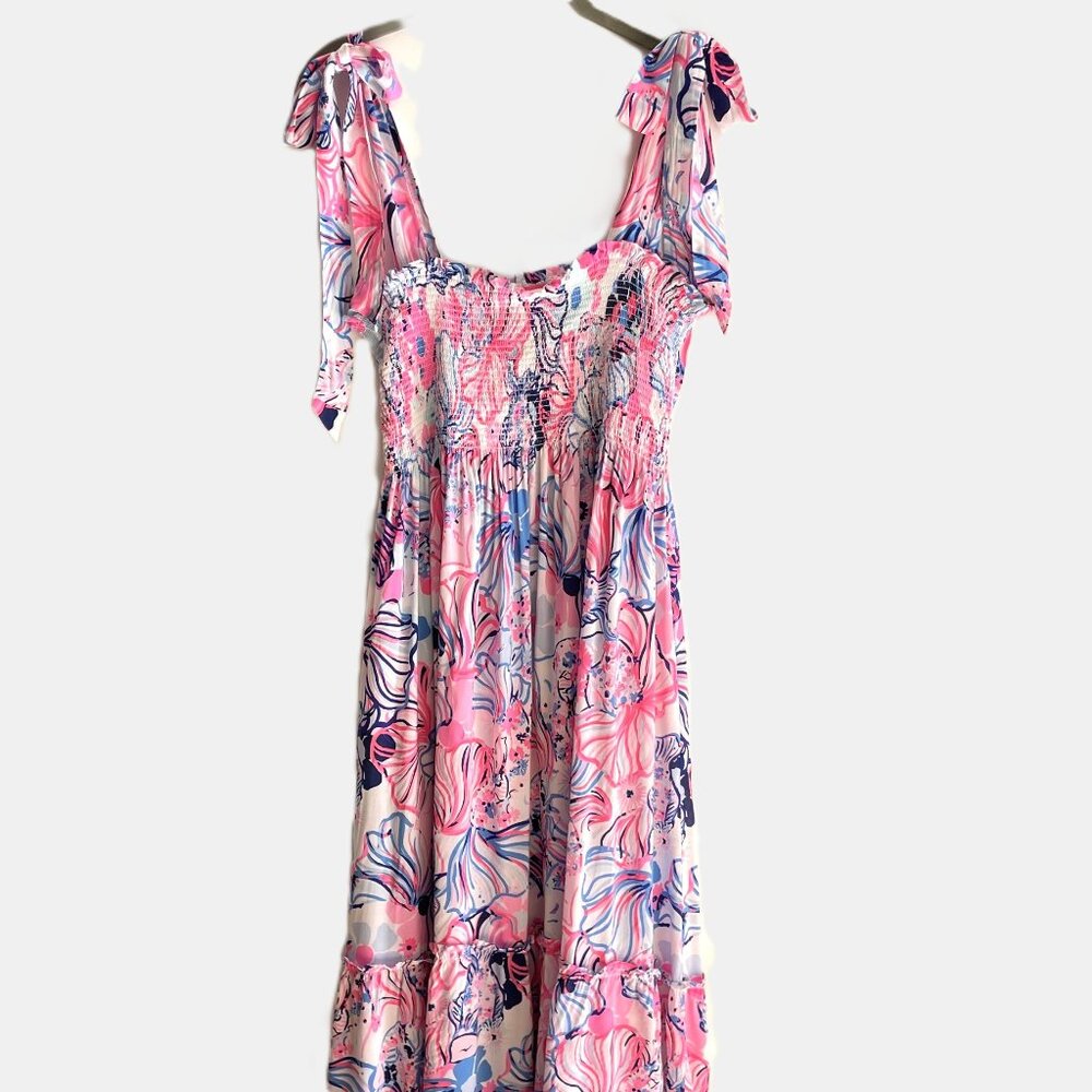 Lilly Pulitzer Rivera Smocked Midi Dress in Make a Splash Prosecco Pink